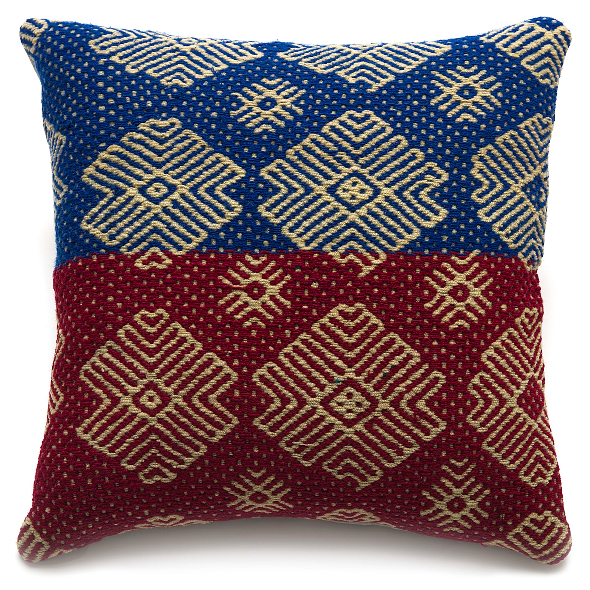 Intiearth Colorful decorative lumbar pillow made from handwoven Peruvian frazada, crafted with hand spun wool in a fair trade workshop