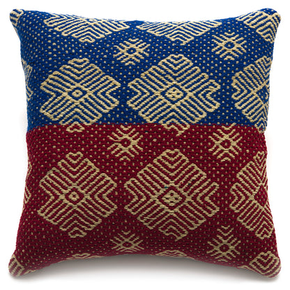 Intiearth Colorful decorative lumbar pillow made from handwoven Peruvian frazada, crafted with hand spun wool in a fair trade workshop
