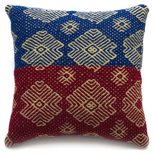 Intiearth Colorful decorative lumbar pillow made from handwoven Peruvian frazada, crafted with hand spun wool in a fair trade workshop