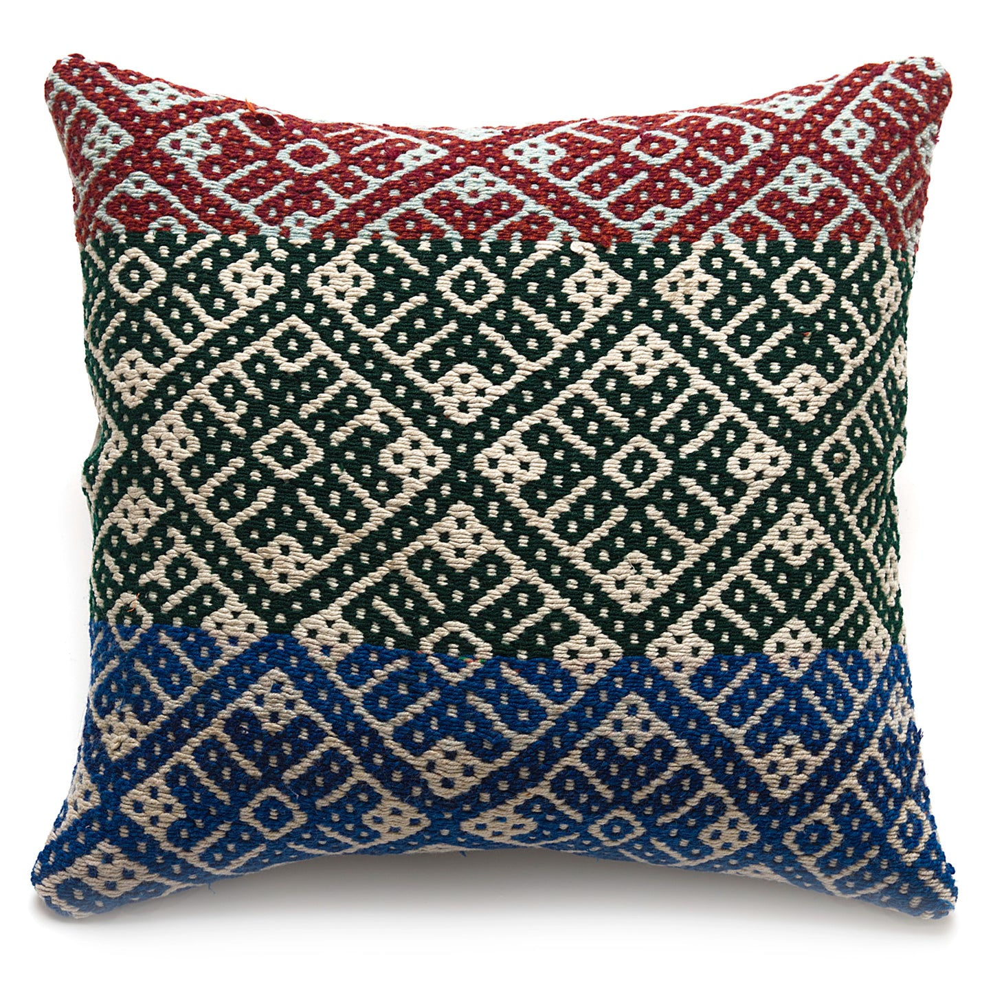 Intiearth Colorful decorative lumbar pillow made from handwoven Peruvian frazada, crafted with hand spun wool in a fair trade workshop