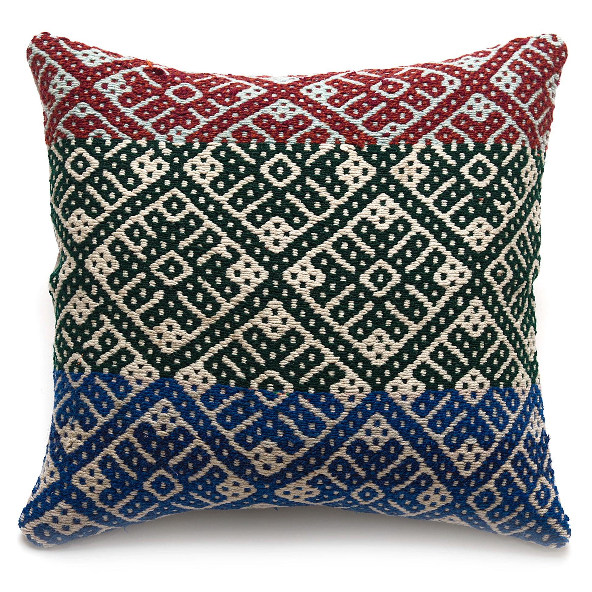 Intiearth Colorful decorative lumbar pillow made from handwoven Peruvian frazada, crafted with hand spun wool in a fair trade workshop