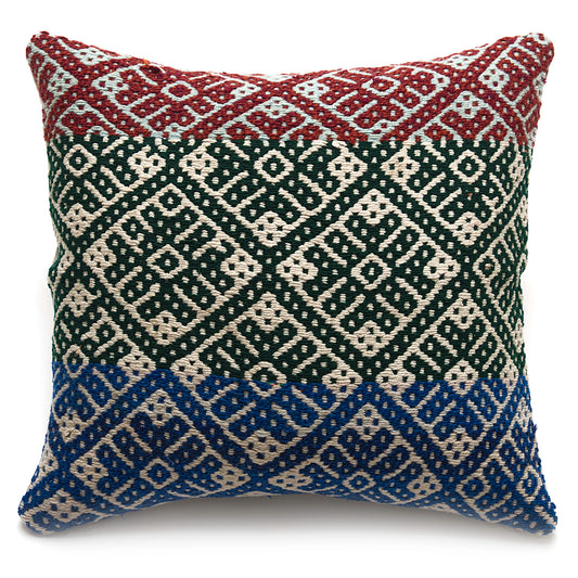 Intiearth Colorful decorative lumbar pillow made from handwoven Peruvian frazada, crafted with hand spun wool in a fair trade workshop
