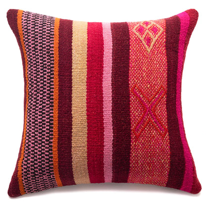 A square woven throw pillow featuring vertical stripes in deep burgundy, magenta, pink, orange, and beige, with a geometric diamond pattern on the right side, shown against a plain white background.