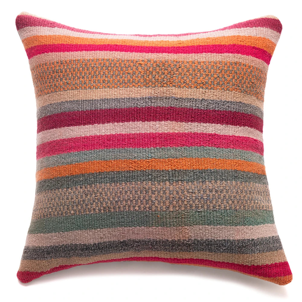 A square woven throw pillow with horizontal stripes in pink, orange, beige, gray, and sage green, shown against a plain white background.