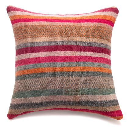 A square woven throw pillow with horizontal stripes in pink, orange, beige, gray, and sage green, shown against a plain white background.