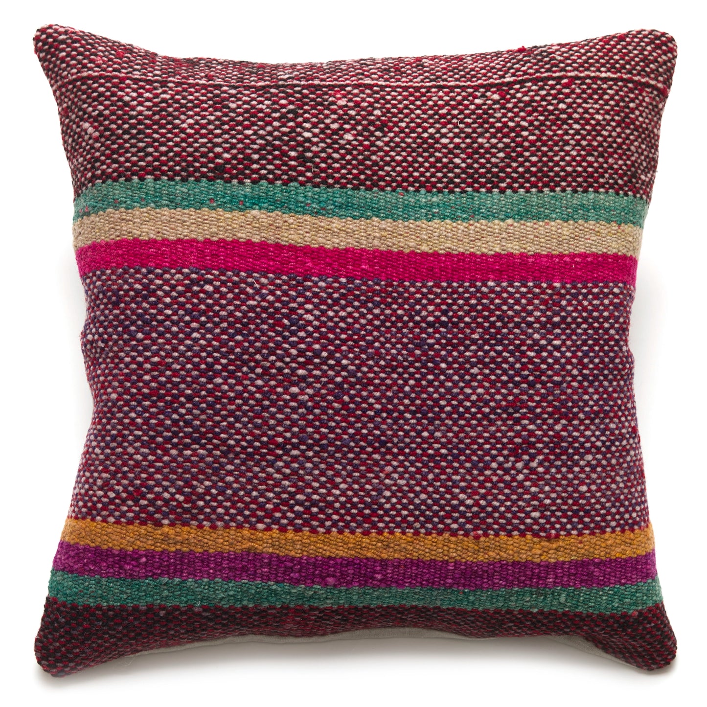 Intiearth Colorful decorative lumbar pillow made from handwoven Peruvian frazada, crafted with hand spun wool in a fair trade workshop