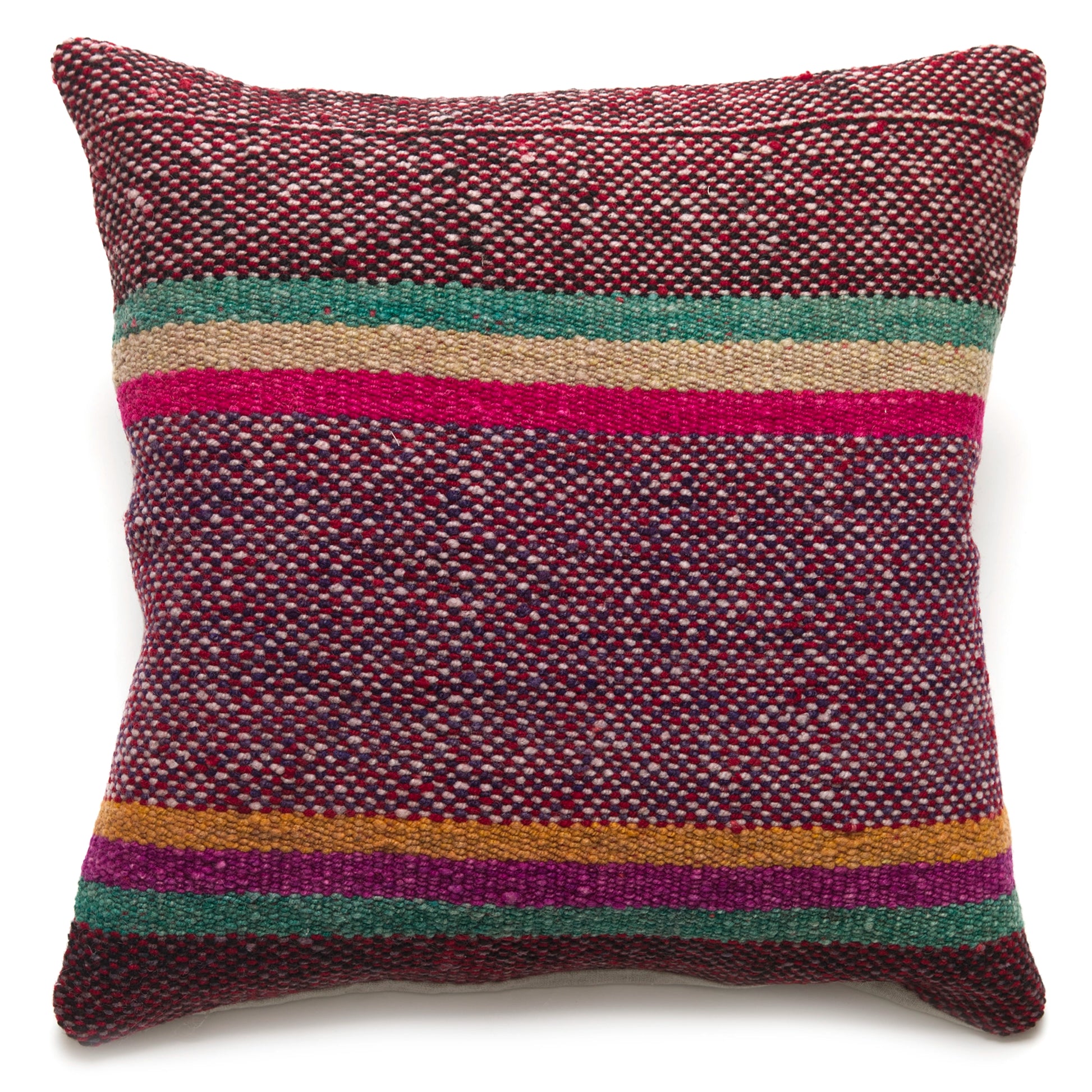 Intiearth Colorful decorative lumbar pillow made from handwoven Peruvian frazada, crafted with hand spun wool in a fair trade workshop