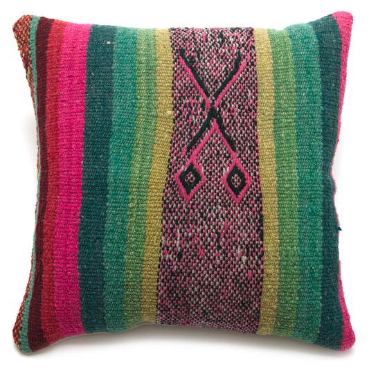 Intiearth Colorful decorative lumbar pillow made from handwoven Peruvian frazada, crafted with hand spun wool in a fair trade workshop