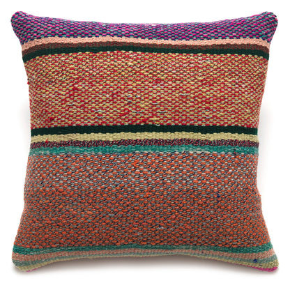 Intiearth Colorful decorative lumbar pillow made from handwoven Peruvian frazada, crafted with hand spun wool in a fair trade workshop