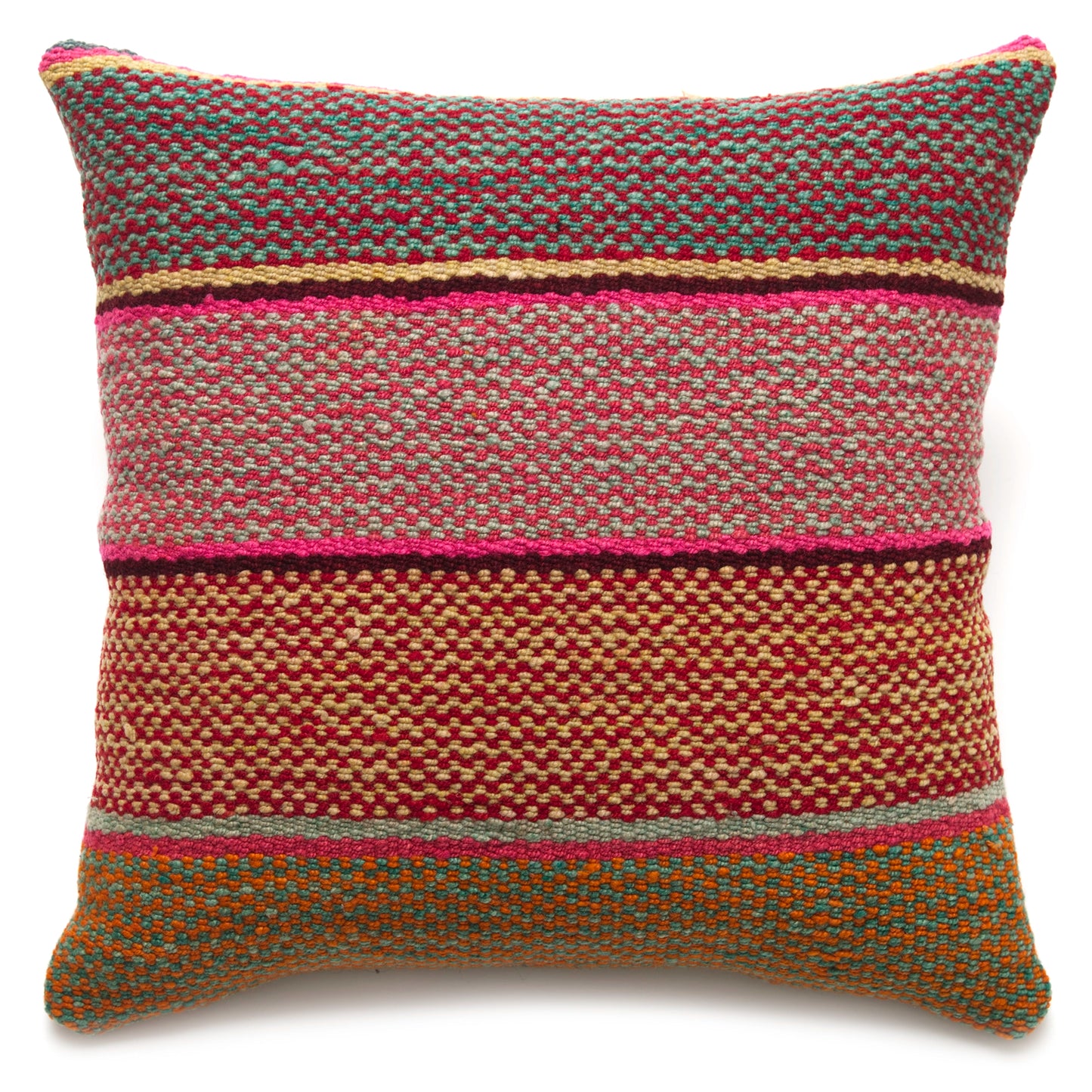 Intiearth Colorful decorative lumbar pillow made from handwoven Peruvian frazada, crafted with hand spun wool in a fair trade workshop