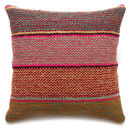 Intiearth Colorful decorative lumbar pillow made from handwoven Peruvian frazada, crafted with hand spun wool in a fair trade workshop