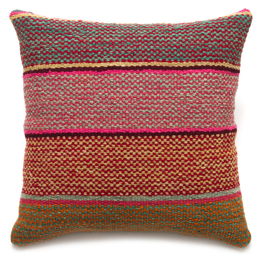 Intiearth Colorful decorative lumbar pillow made from handwoven Peruvian frazada, crafted with hand spun wool in a fair trade workshop