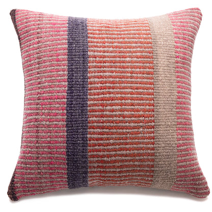 Textured pillow with pink, purple, and orange stripes on a white background