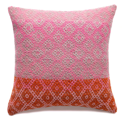 Decorative pillow with pink and orange pattern on a white background