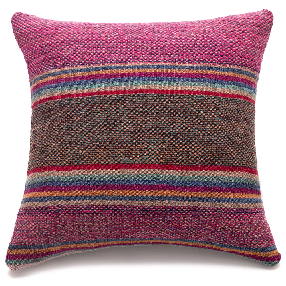 A square woven throw pillow with a textured, handwoven appearance. The design features a vibrant magenta-pink top and bottom border with horizontal stripes in the center, including shades of brown, blue, red, and beige.
