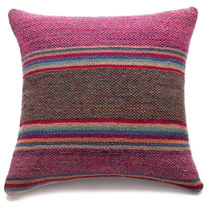 A square woven throw pillow with a textured, handwoven appearance. The design features a vibrant magenta-pink top and bottom border with horizontal stripes in the center, including shades of brown, blue, red, and beige.