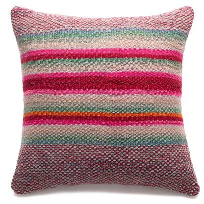 A square woven throw pillow featuring horizontal stripes of pink, teal green, orange, and cream on a white background.
