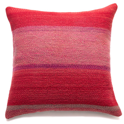 A square woven throw pillow in a textured red and pink striped pattern with a subtle purple accent band, shown against a plain white background.