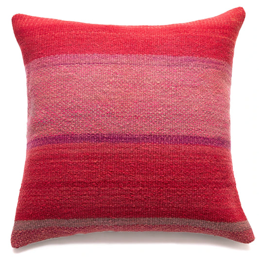 A square woven throw pillow in a textured red and pink striped pattern with a subtle purple accent band, shown against a plain white background.