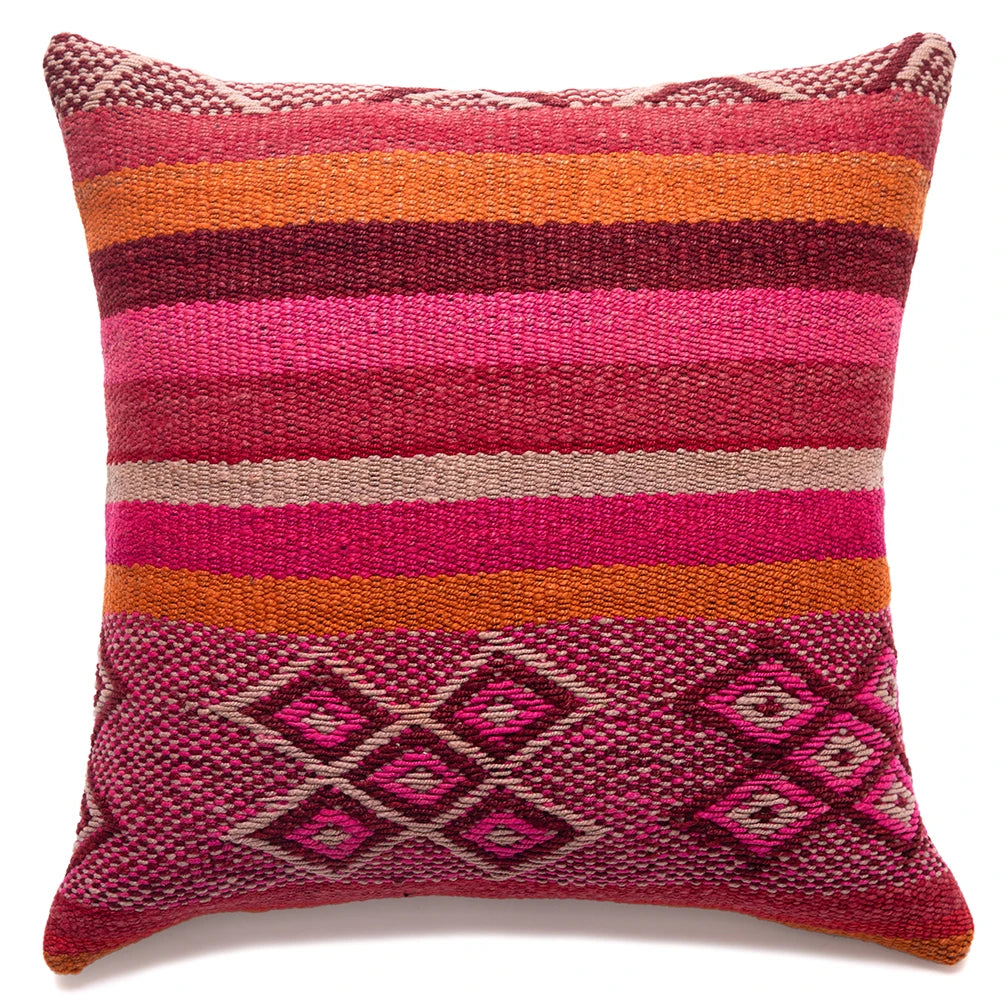 A square woven throw pillow featuring horizontal stripes in pink, orange, burgundy, and beige, with a geometric diamond pattern near the bottom, shown on a white background.
