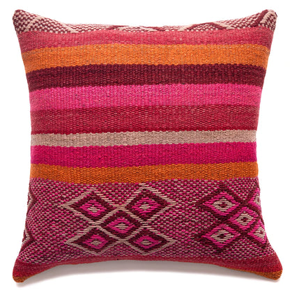 A square woven throw pillow featuring horizontal stripes in pink, orange, burgundy, and beige, with a geometric diamond pattern near the bottom, shown on a white background.