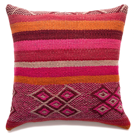 A square woven throw pillow featuring horizontal stripes in pink, orange, burgundy, and beige, with a geometric diamond pattern near the bottom, shown on a white background.