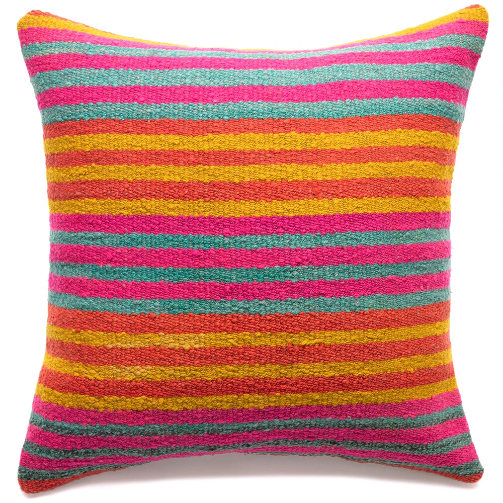 Colorful striped pillow with pink, yellow, and blue horizontal stripes on a white background