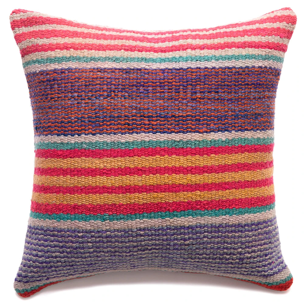 A square woven throw pillow with horizontal multicolor stripes in pink, orange, teal, purple, and cream, shown against a plain white background.