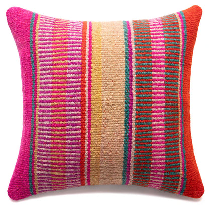 Multicolored striped pillow on a white background