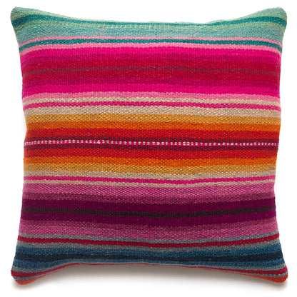 Multicolored striped pillow on a white background