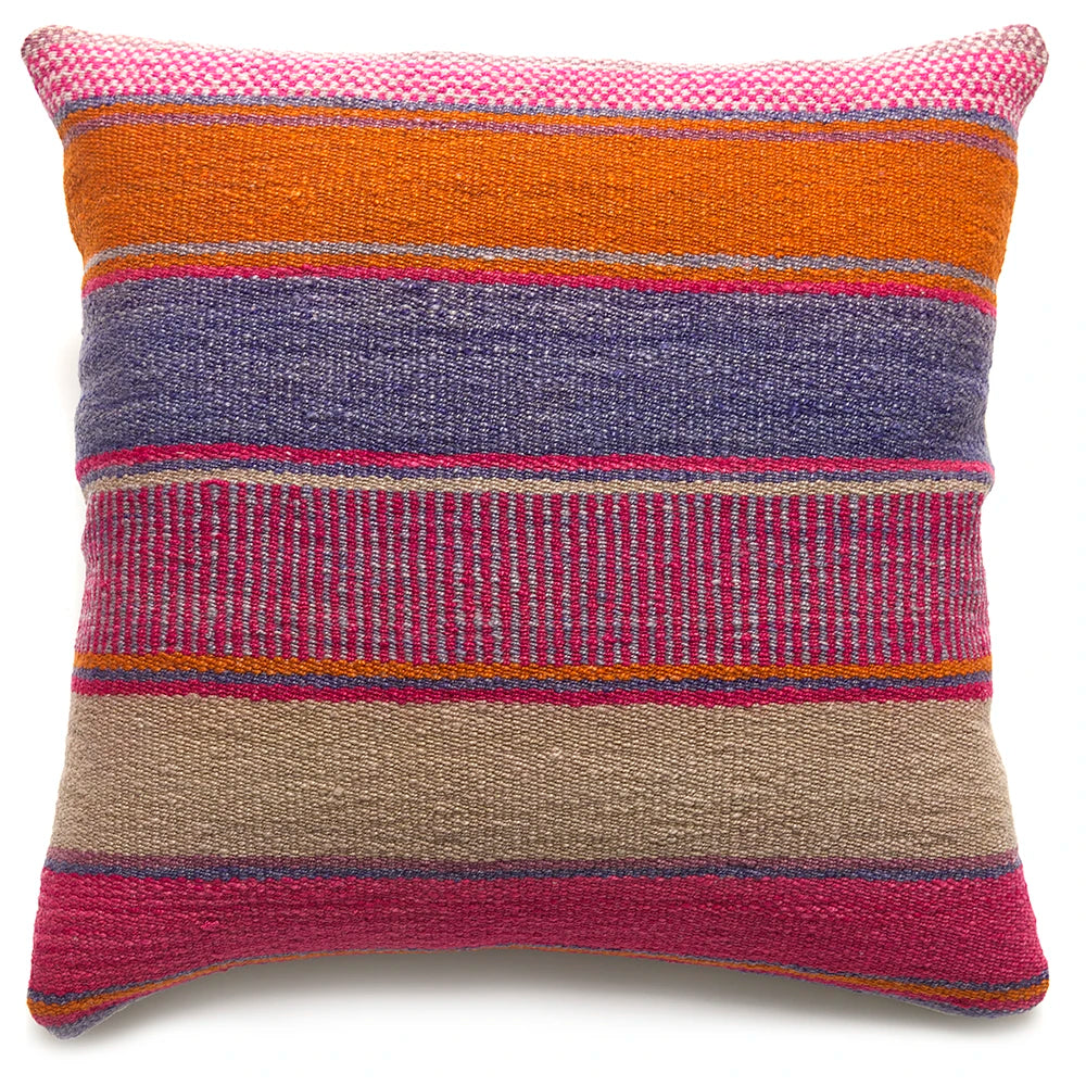 Multicolored striped pillow on a white background