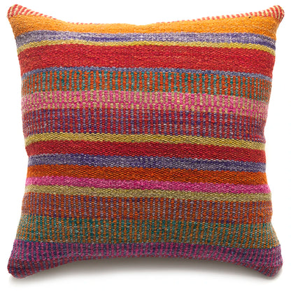 Multicolored striped pillow on a white background