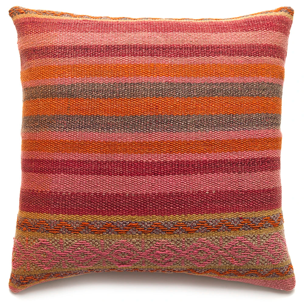 Striped pillow with pink, orange, and brown colors on a white background