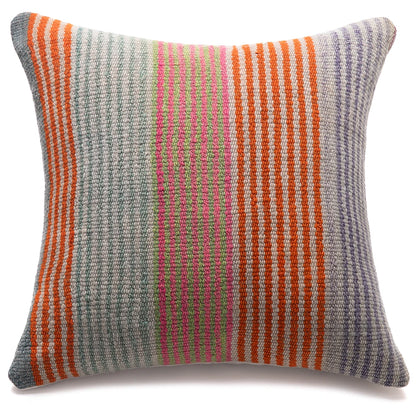 A square woven throw pillow with vertical stripes in orange, pink, gray, and purple on a white background.