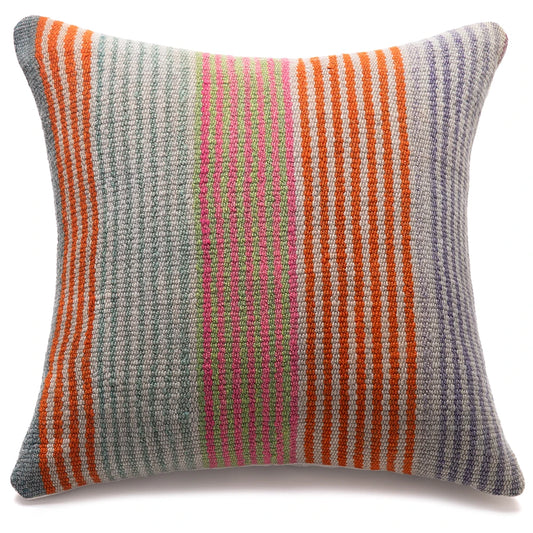 A square woven throw pillow with vertical stripes in orange, pink, gray, and purple on a white background.