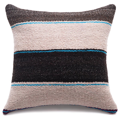 A square woven throw pillow with horizontal stripes in dark charcoal, light beige, black, and bright turquoise blue, shown against a plain white background.