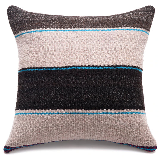 A square woven throw pillow with horizontal stripes in dark charcoal, light beige, black, and bright turquoise blue, shown against a plain white background.