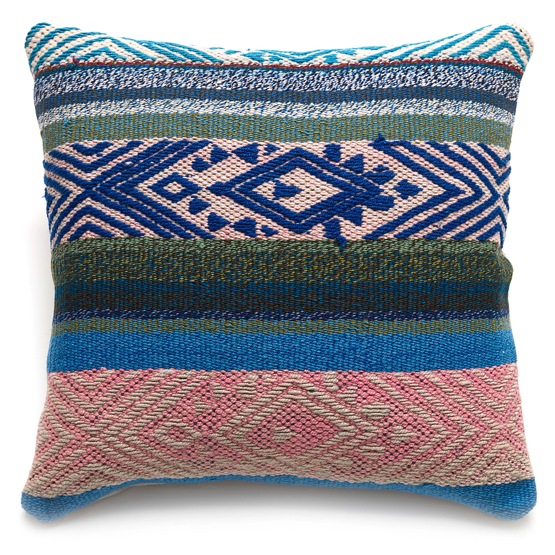 Intiearth Colorful decorative pillow made from handwoven Peruvian frazada, crafted with hand spun wool in a fair trade workshop