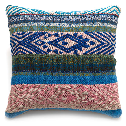 Intiearth Colorful decorative pillow made from handwoven Peruvian frazada, crafted with hand spun wool in a fair trade workshop