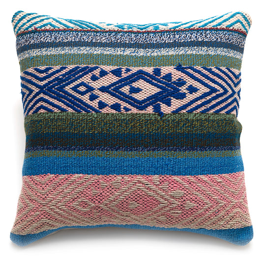 Intiearth Colorful decorative pillow made from handwoven Peruvian frazada, crafted with hand spun wool in a fair trade workshop