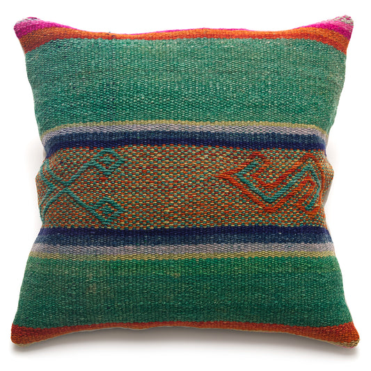 Intiearth Colorful decorative pillow made from handwoven Peruvian frazada, crafted with hand spun wool in a fair trade workshop