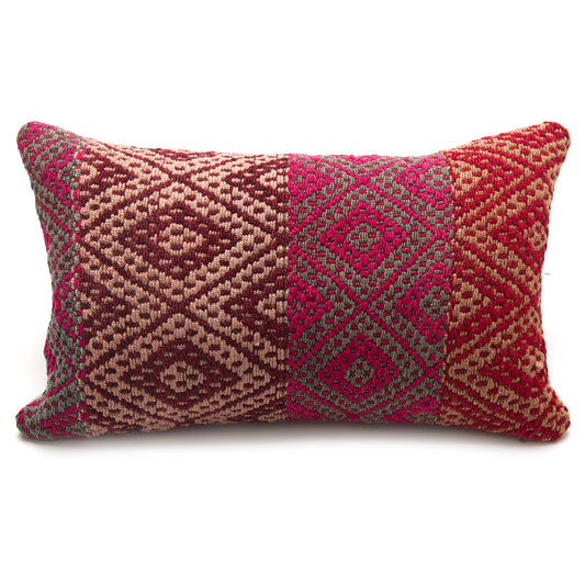Intiearth Colorful decorative pillow made from handwoven Peruvian frazada, crafted with hand spun wool in a fair trade workshop