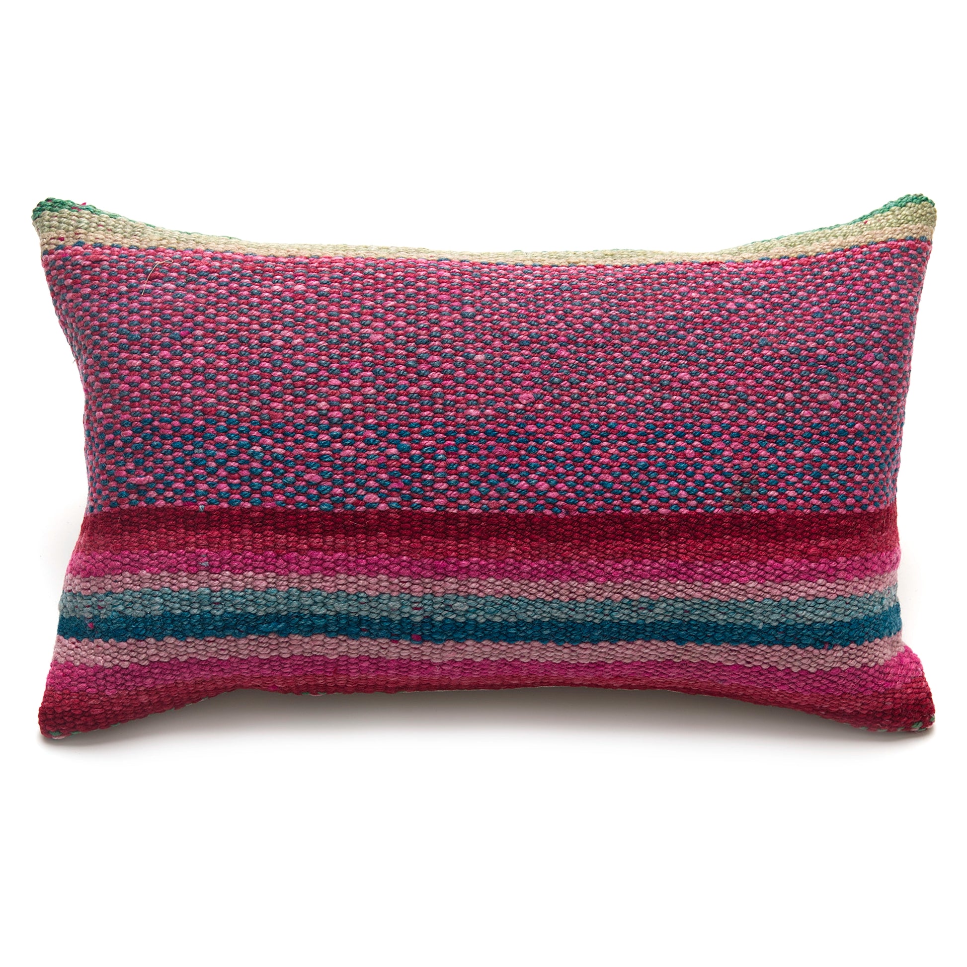 Intiearth Colorful decorative lumbar pillow made from handwoven Peruvian frazada, crafted with hand spun wool in a fair trade workshop