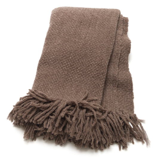Brown textured blanket with fringes on a white background