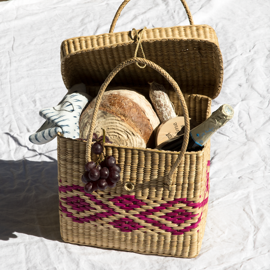 Intiearth straw picnic basket with hot pink motif