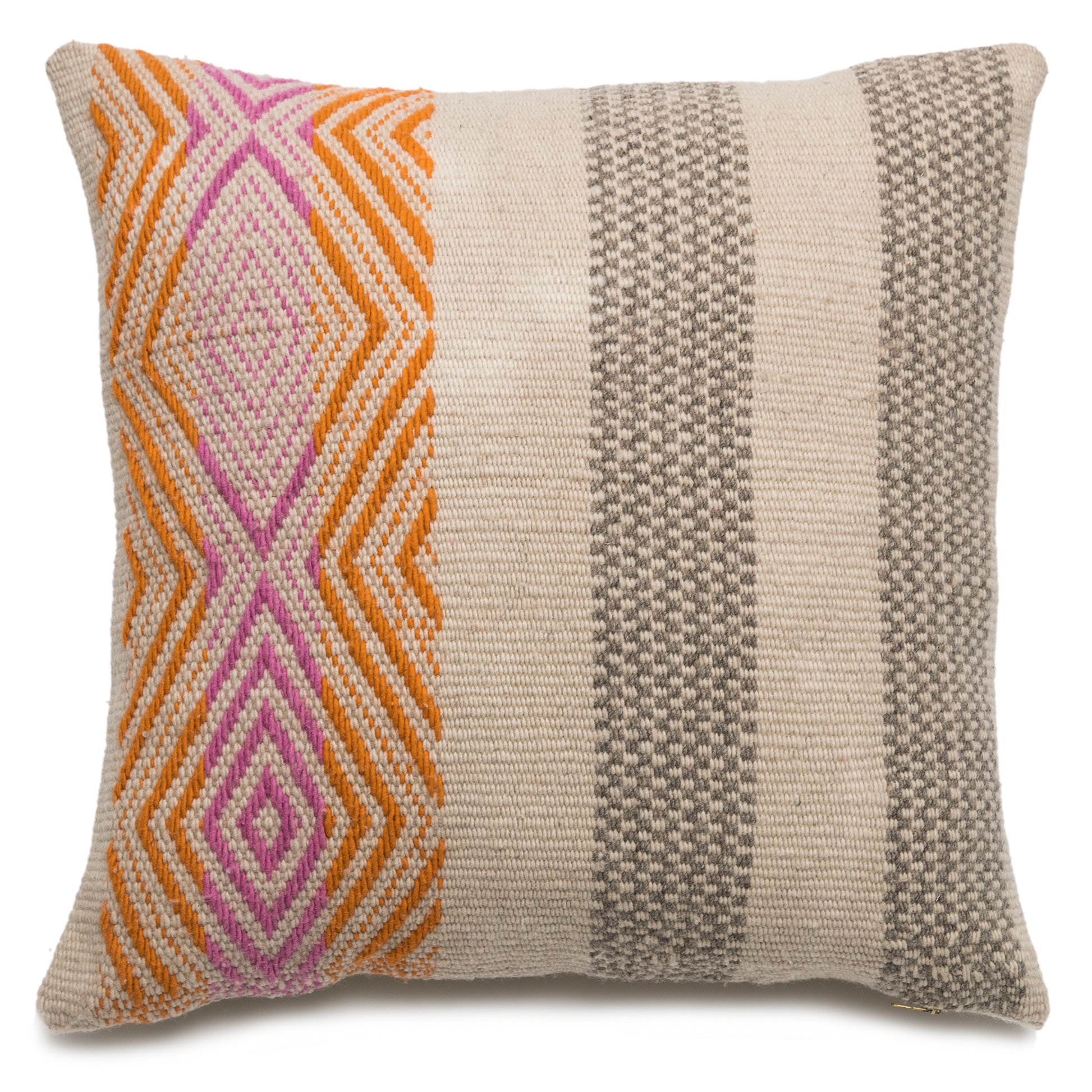 sacred valley throw pillow handloom woven wool frazada pillow peruvian magenta pink neutral grey taupe color pop
