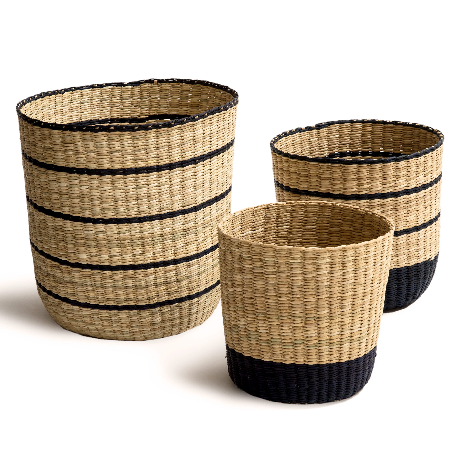 Intiearth Junco Nesting Baskets with black stripe, Peruvian Home decor, woven natural handmade stacking basket trio