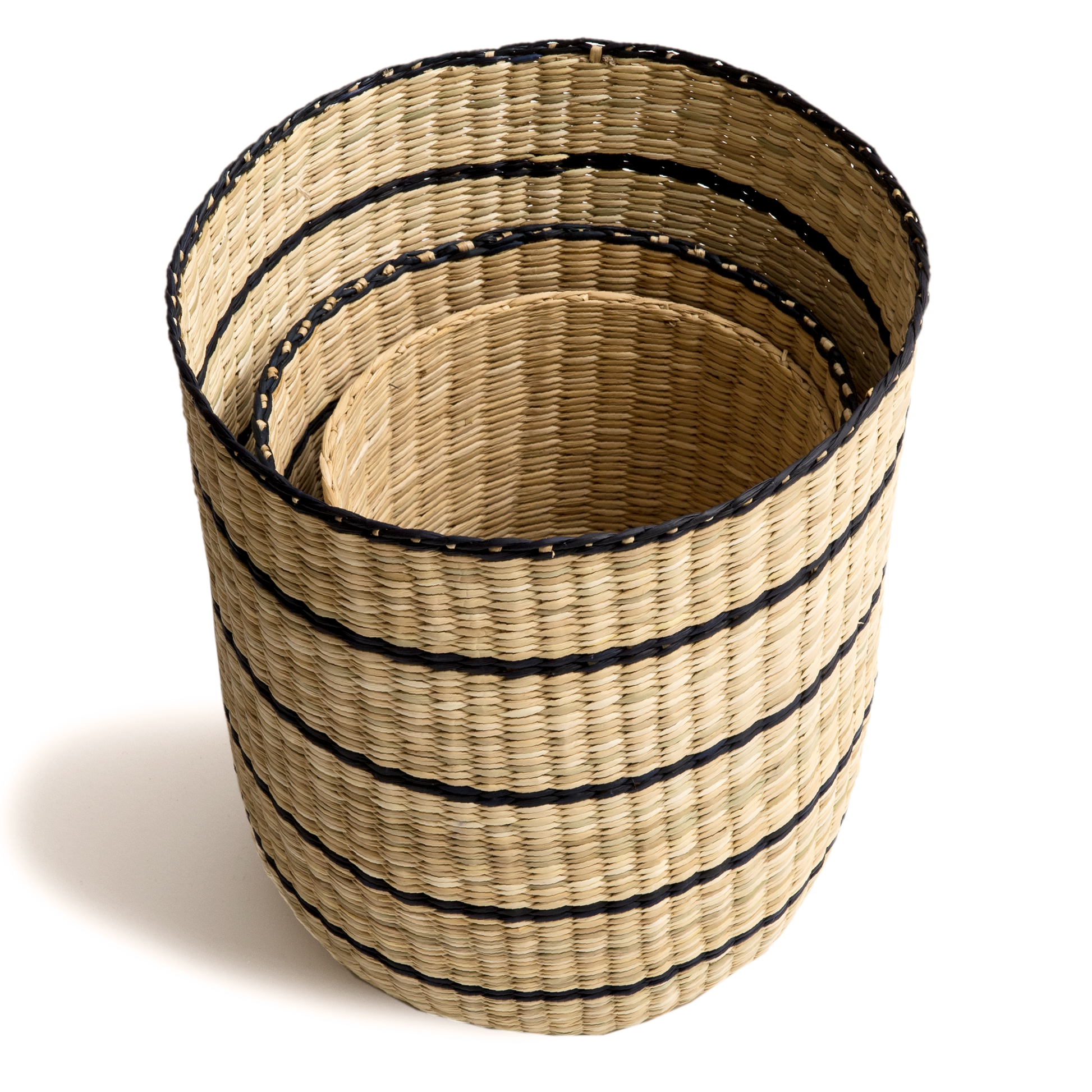 Intiearth Junco Nesting Baskets with black stripe, Peruvian Home decor, woven natural handmade stacking basket trio