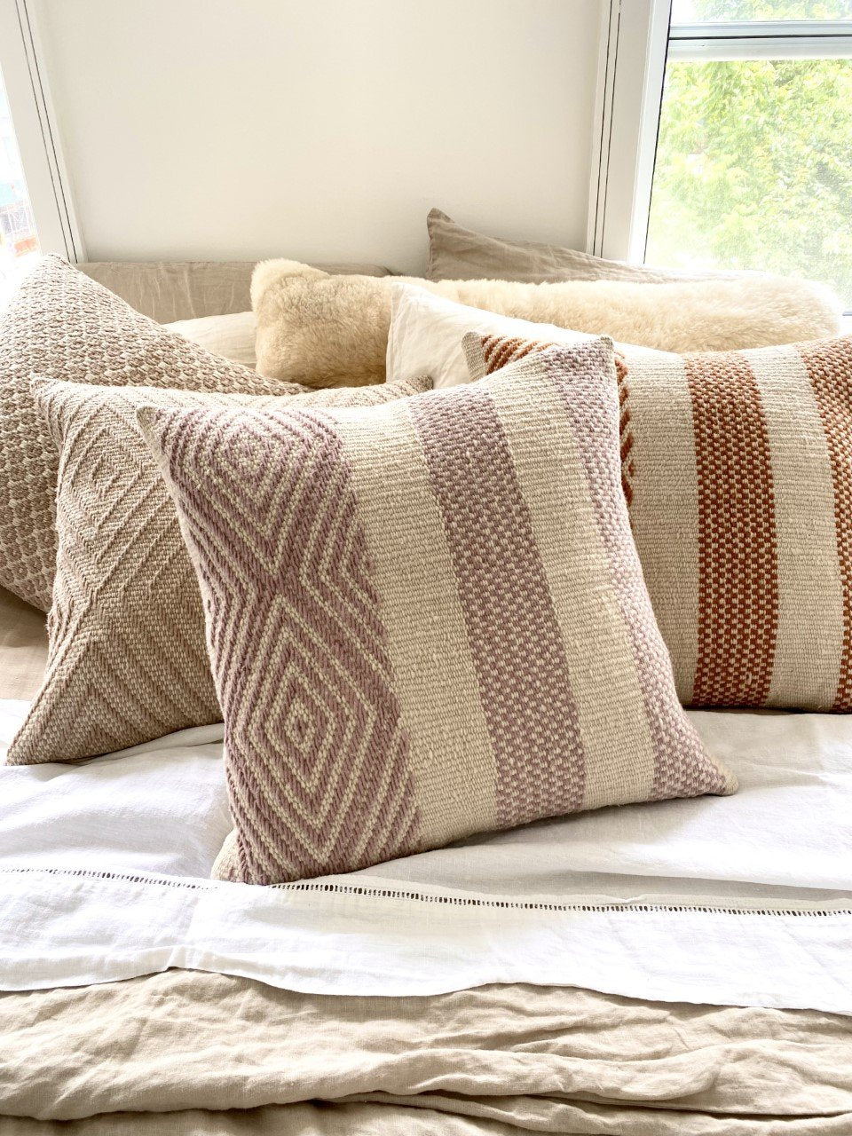 Intiearth hand woven lavendar botanically dyed decorative wool pillow Sacred Valley collection 20" square